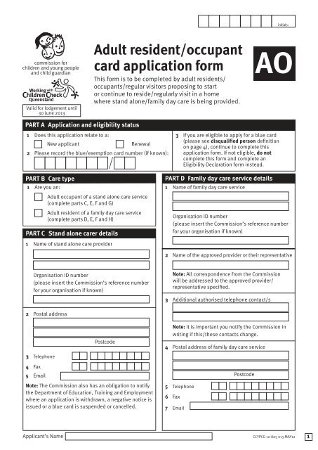 Adult Resident Occupant Blue Card Application Form