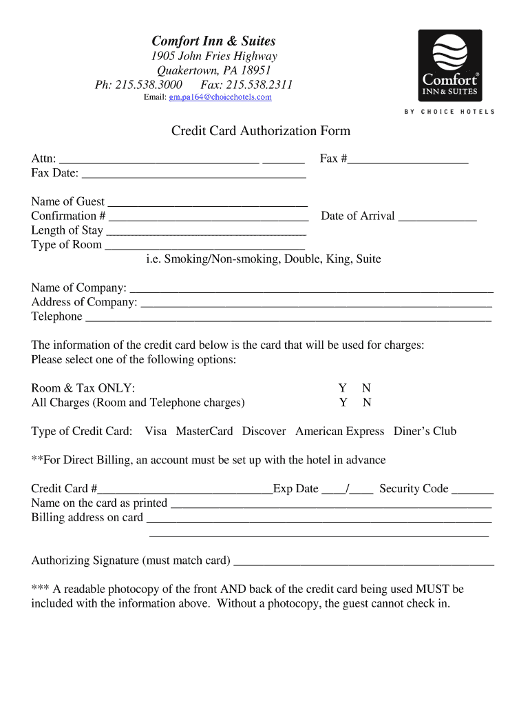Comfort Inn Credit Card Authorization Fill Out And Sign Printable PDF