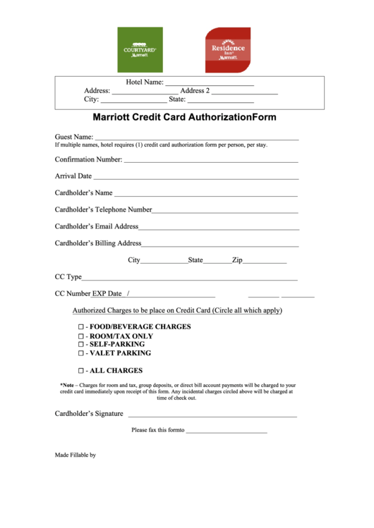Fillable Marriott Credit Card Authorization Form Residence Inn And