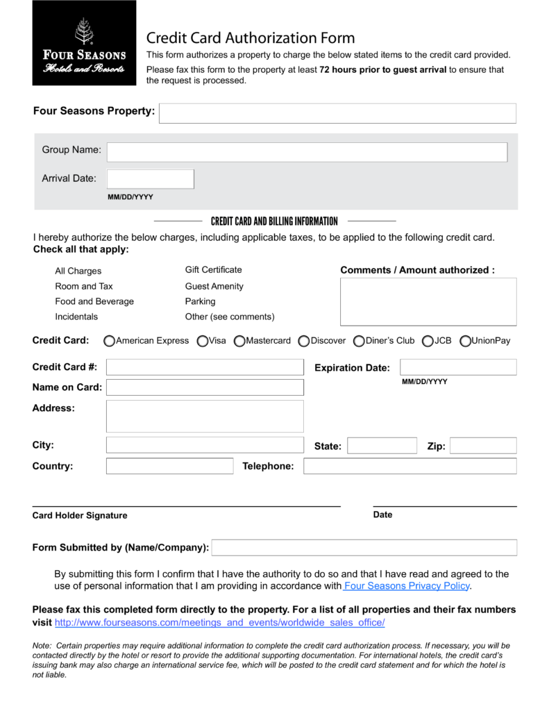 Free Four Seasons Credit Card Authorization Form PDF EForms