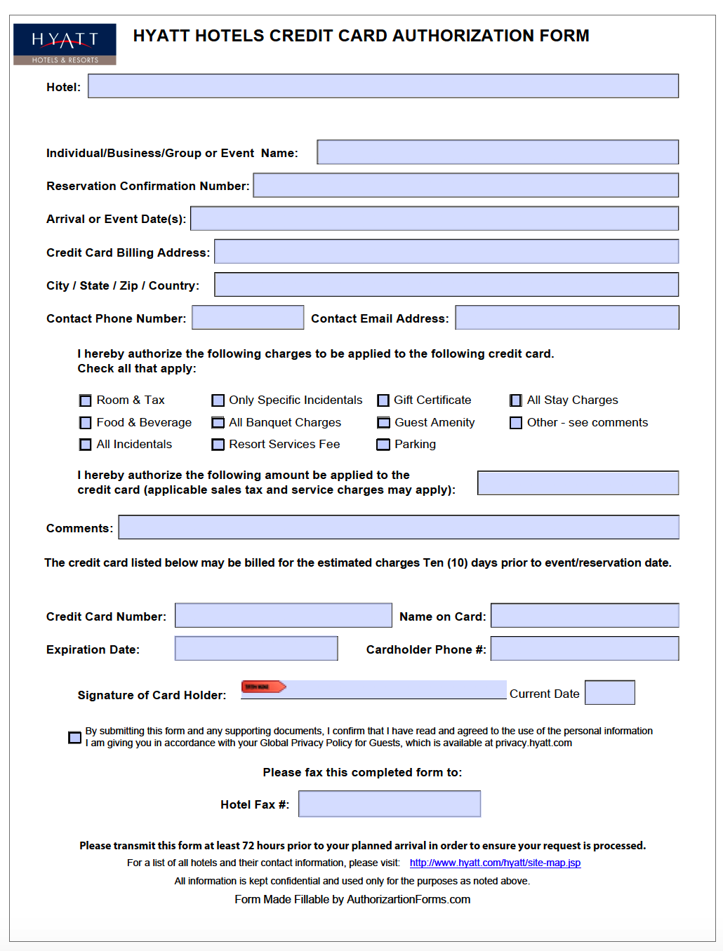 Free Hyatt Hotel Credit Card Authorization Form PDF