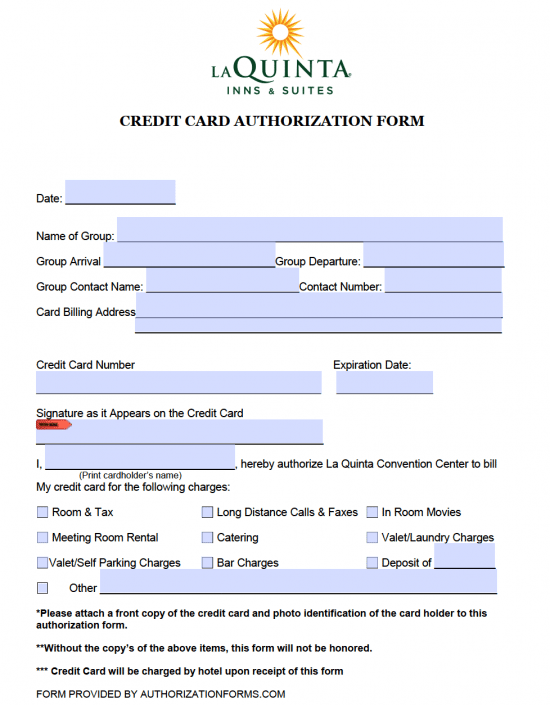 Free La Quinta Hotel Credit Card Authorization Form PDF