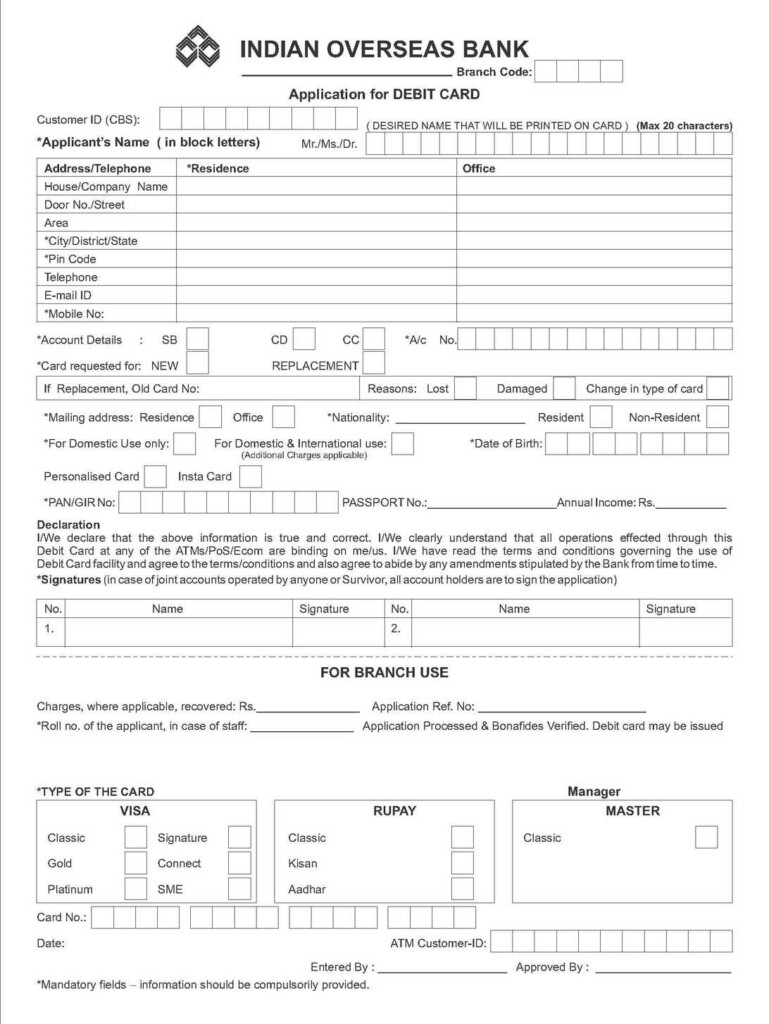 Indian Overseas Bank ATM Card Application Form 2019 2020 2021 Student 