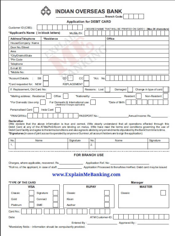 Indian Overseas Bank Debit Card Application Form Pdf Download