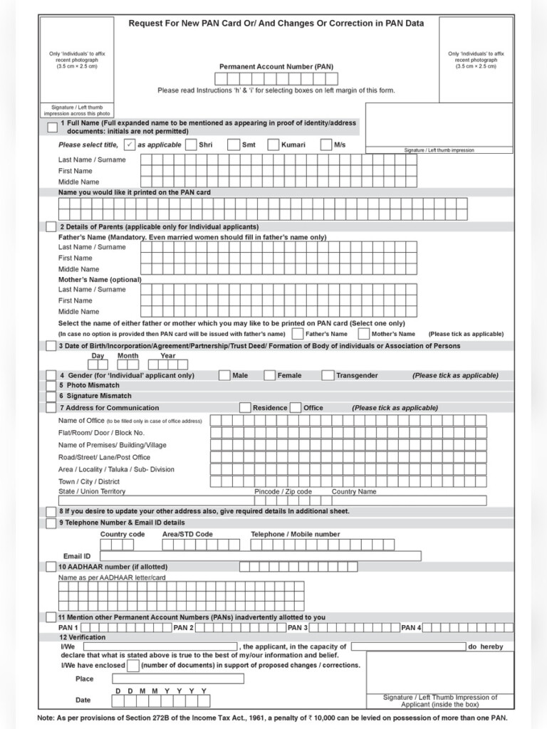  PDF PAN Card Correction Application Form PDF Download InstaPDF