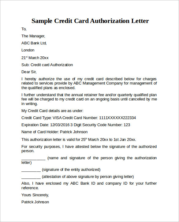 10 Credit Card Authorization Letters To Download Sample Templates