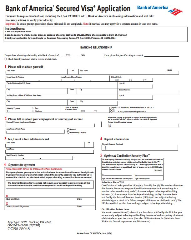 Bank Of America Credit Card Application PDF Form Download