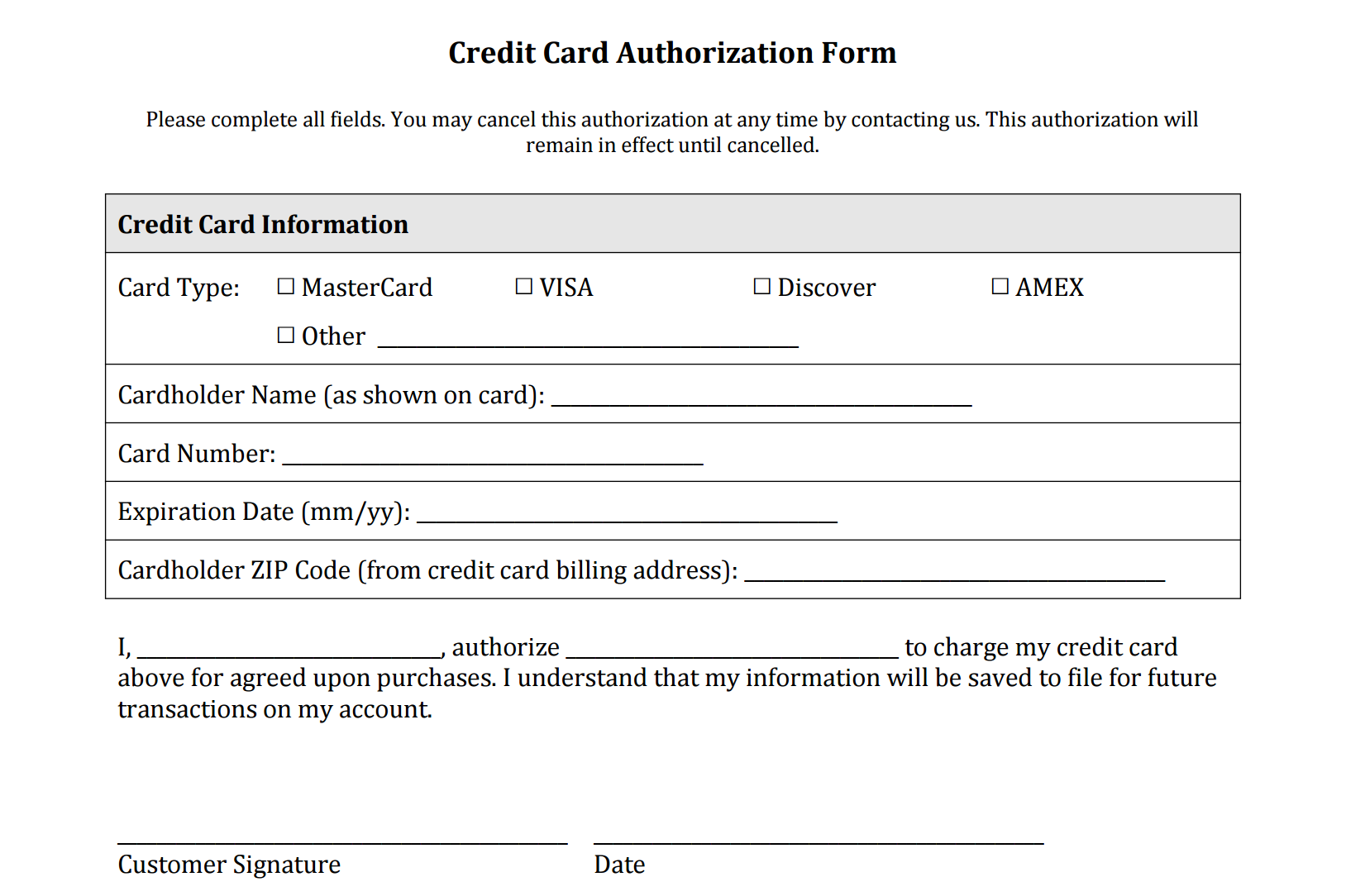 Credit Card Authorization Form Templates Download