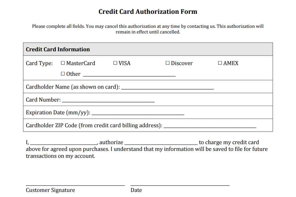 Credit Card Authorization Form Templates PDF Square