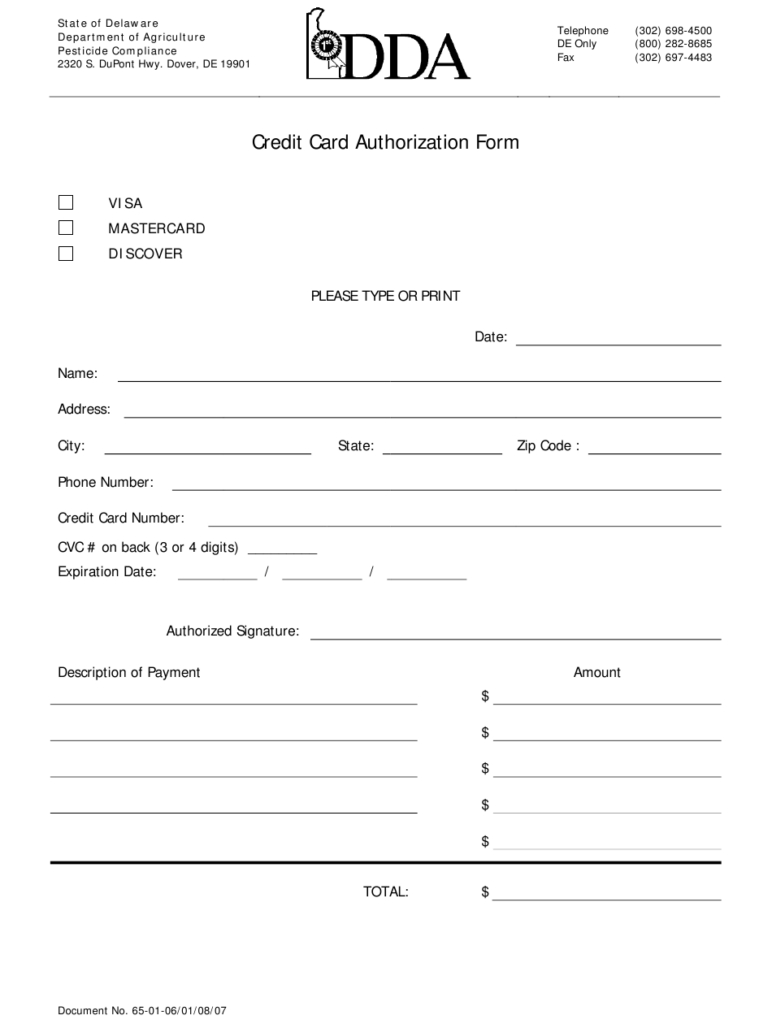 Delaware Credit Card Authorization Form Download Fillable PDF 