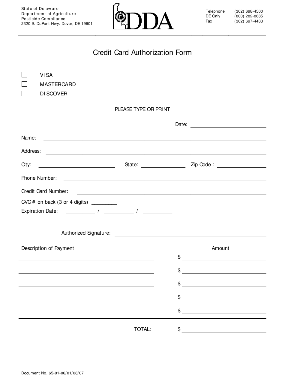 Delaware Credit Card Authorization Form Download Fillable PDF
