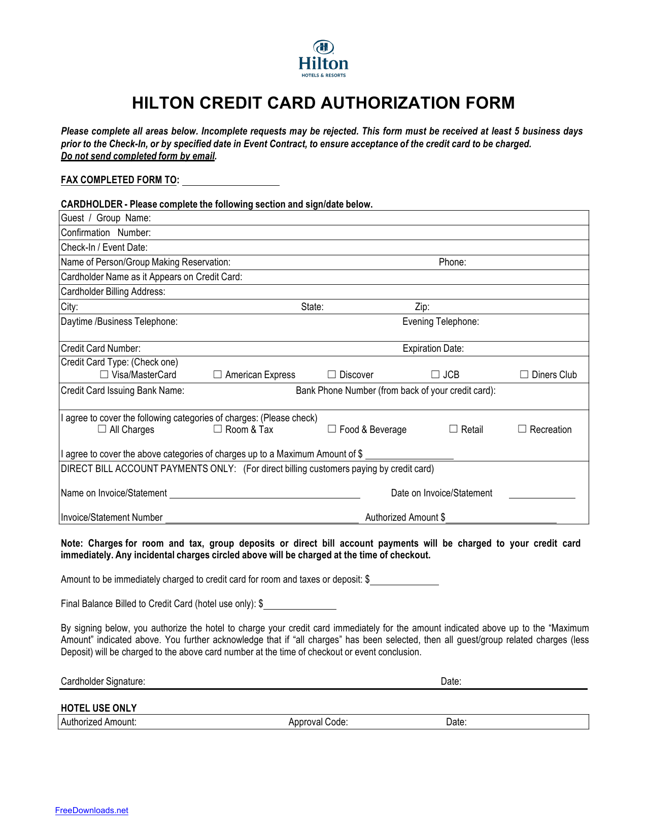 Download Hilton Credit Card Authorization Form Template PDF
