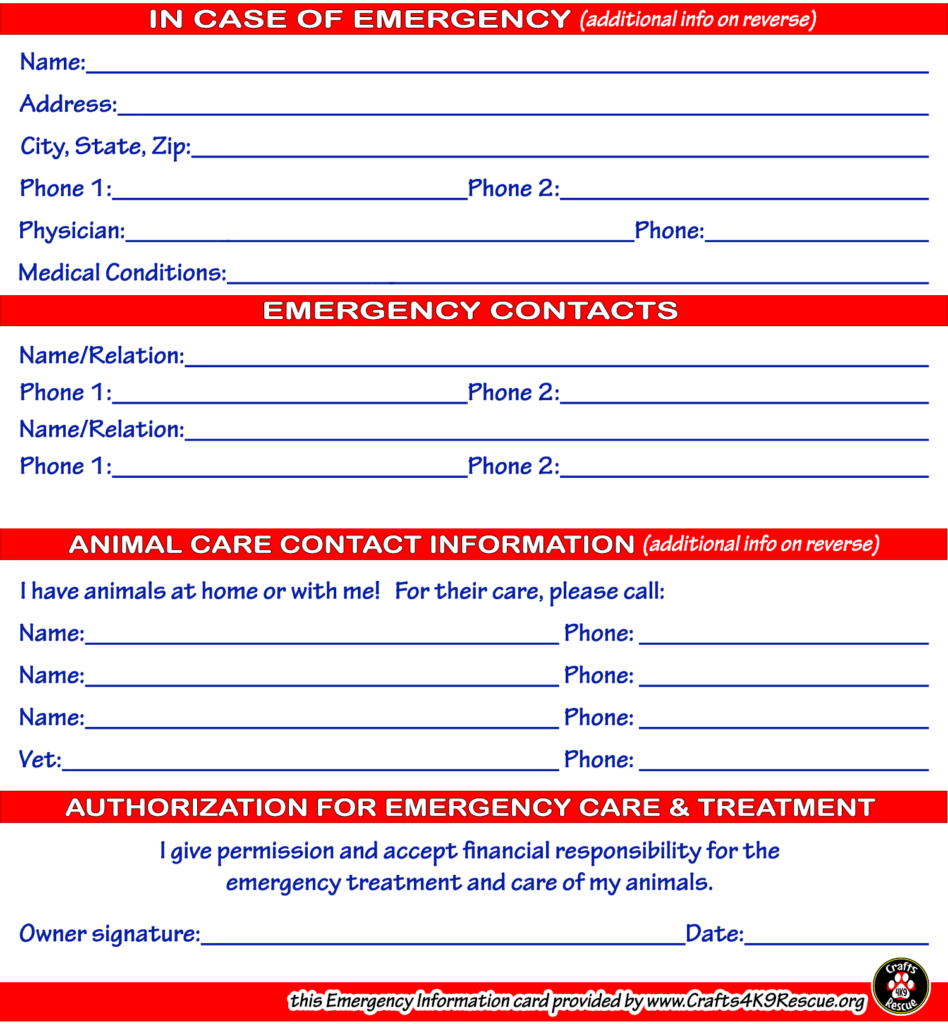 Emergency Information Card Template Crafts4K9Rescue
