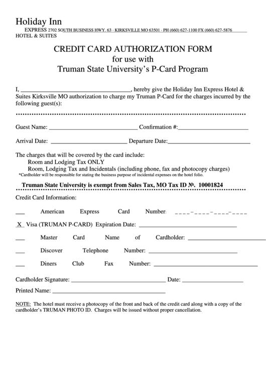 Fillable Credit Card Authorization Form For Use With Truman State