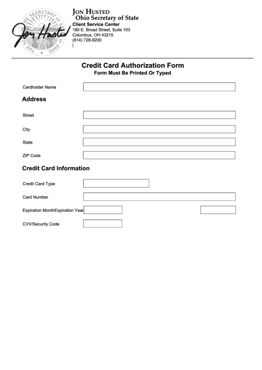 Fillable Credit Card Authorization Form Ohio Secretary Of State 