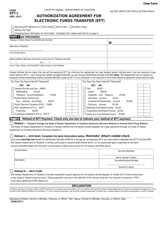 Fillable Form Eft 1 Authorization Agreement For Electronic Funds 