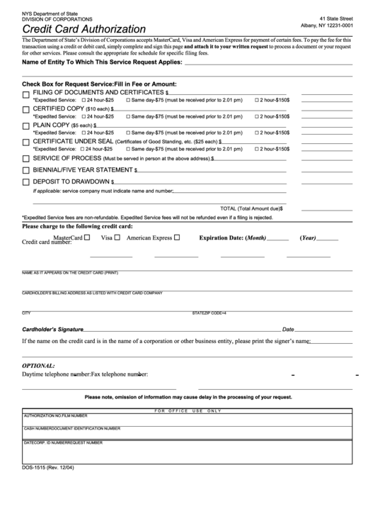 Form Dos 1515 Credit Card Authorization Printable Pdf Download