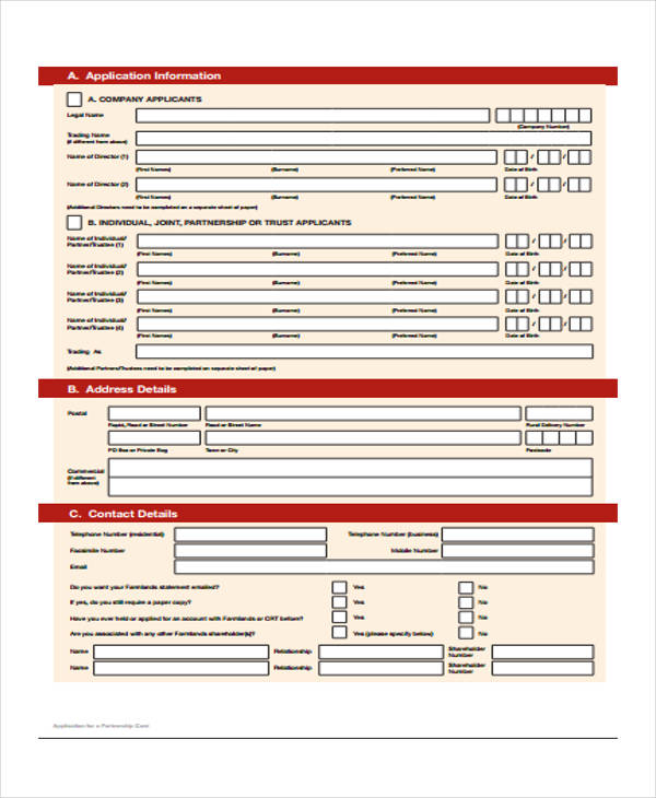 FREE 13 Sample Partnership Application Forms In PDF MS Word