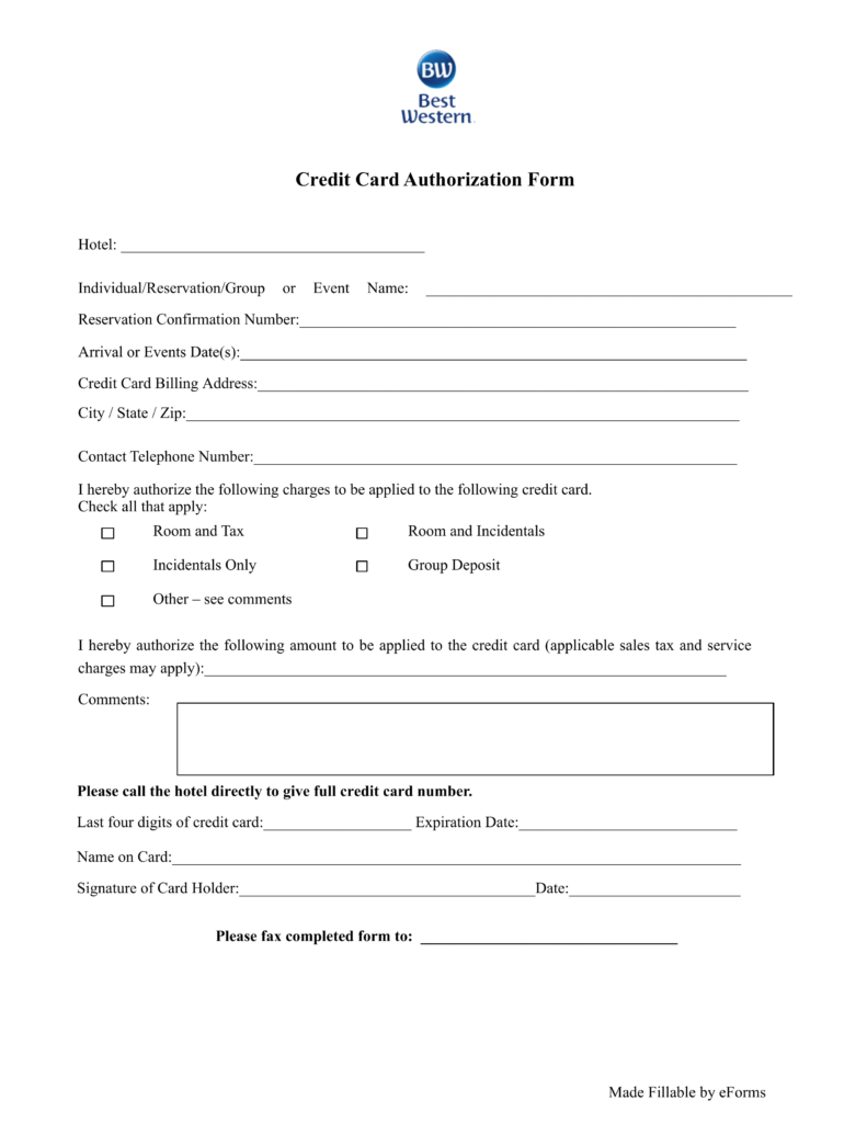 Free Best Western Hotel Credit Card Authorization Form PDF EForms