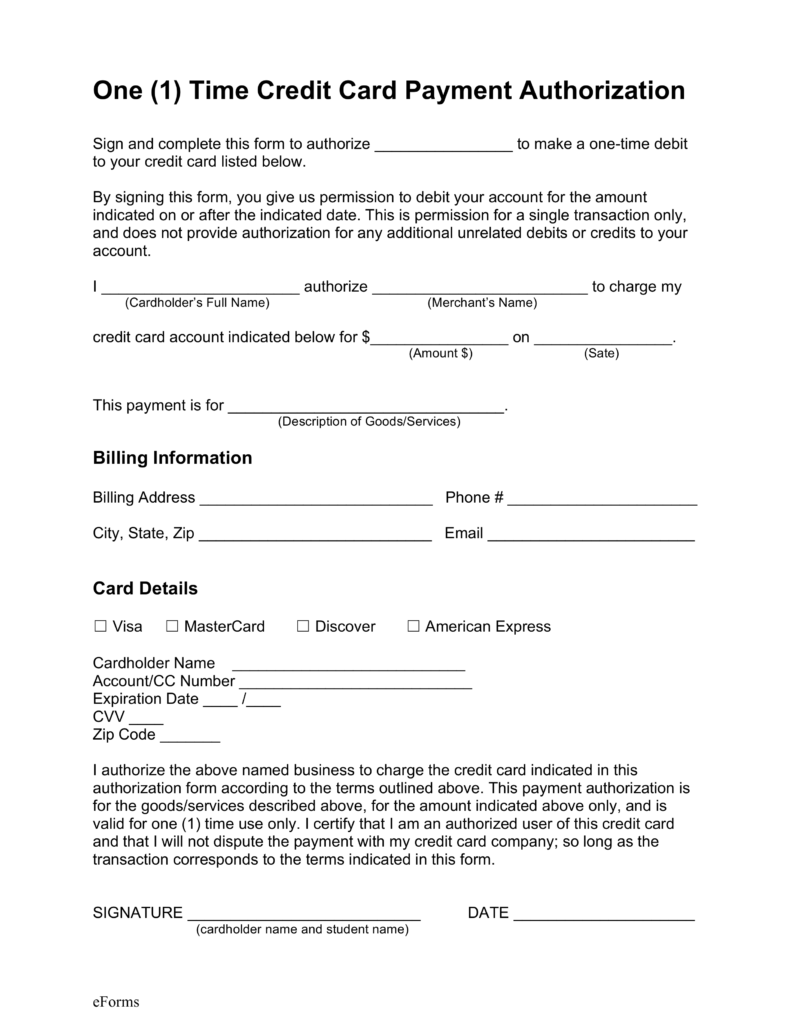 Free One 1 Time Credit Card Payment Authorization Form PDF Word 