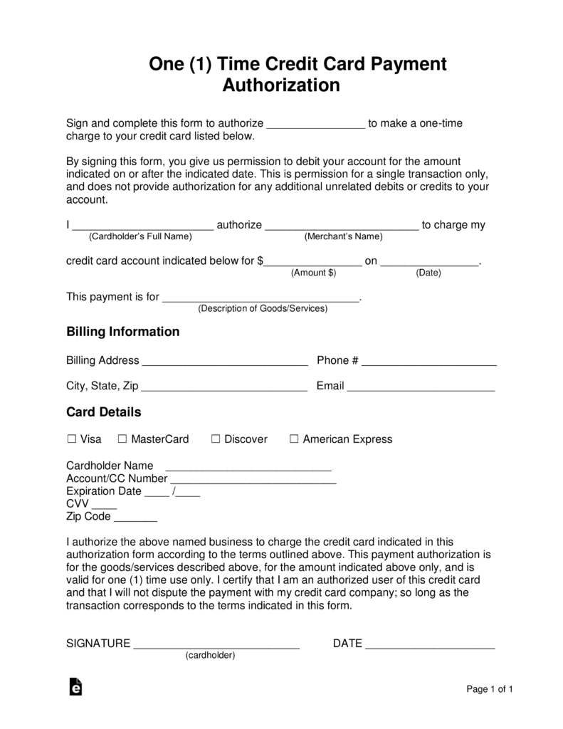 Free One 1 Time Credit Card Payment Authorization Form Word PDF