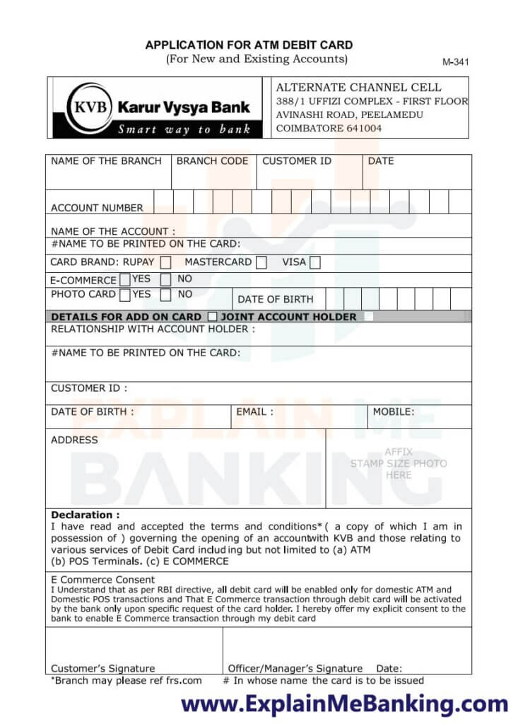 Karur Vysya Bank KVB ATM Card Application Form PDF Download