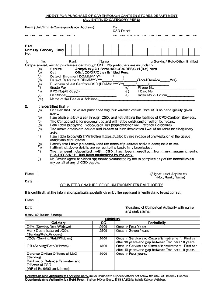  PDF Application Form Car Purchase Through Canteen CSD PDF Download 