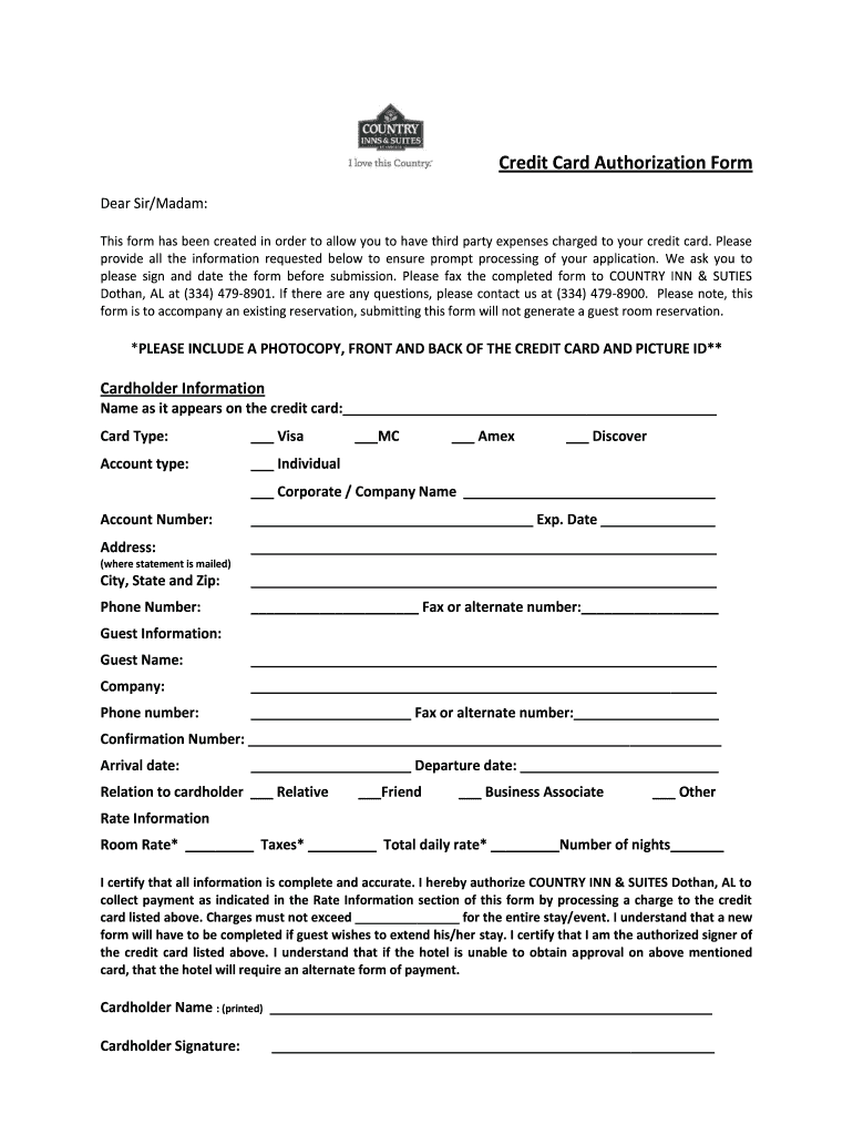 Country Inns Suites By Carlson Credit Card Authorization Form Fill 