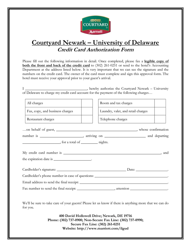 Courtyard Newark University Of Delaware Credit Card Authorization Form
