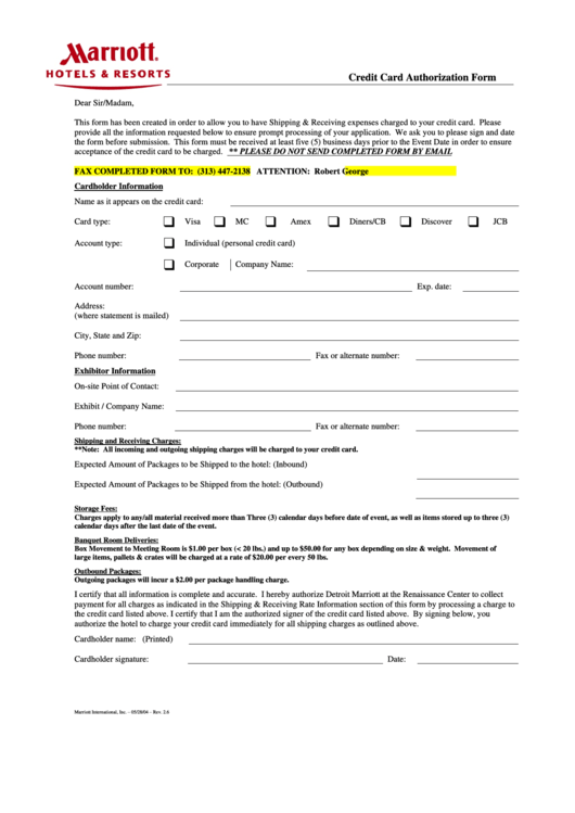 Credit Card Authorization Form Marriott Hotels And Resorts Printable 
