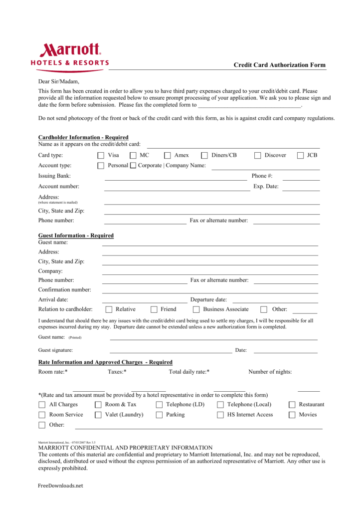 Download Marriott Credit Card Authorization Form Template PDF 