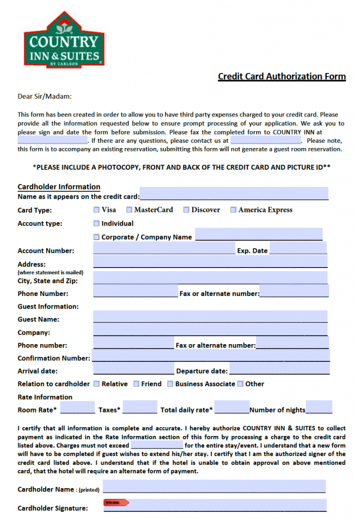 Free Country Inn And Suites Credit Card Authorization Form PDF