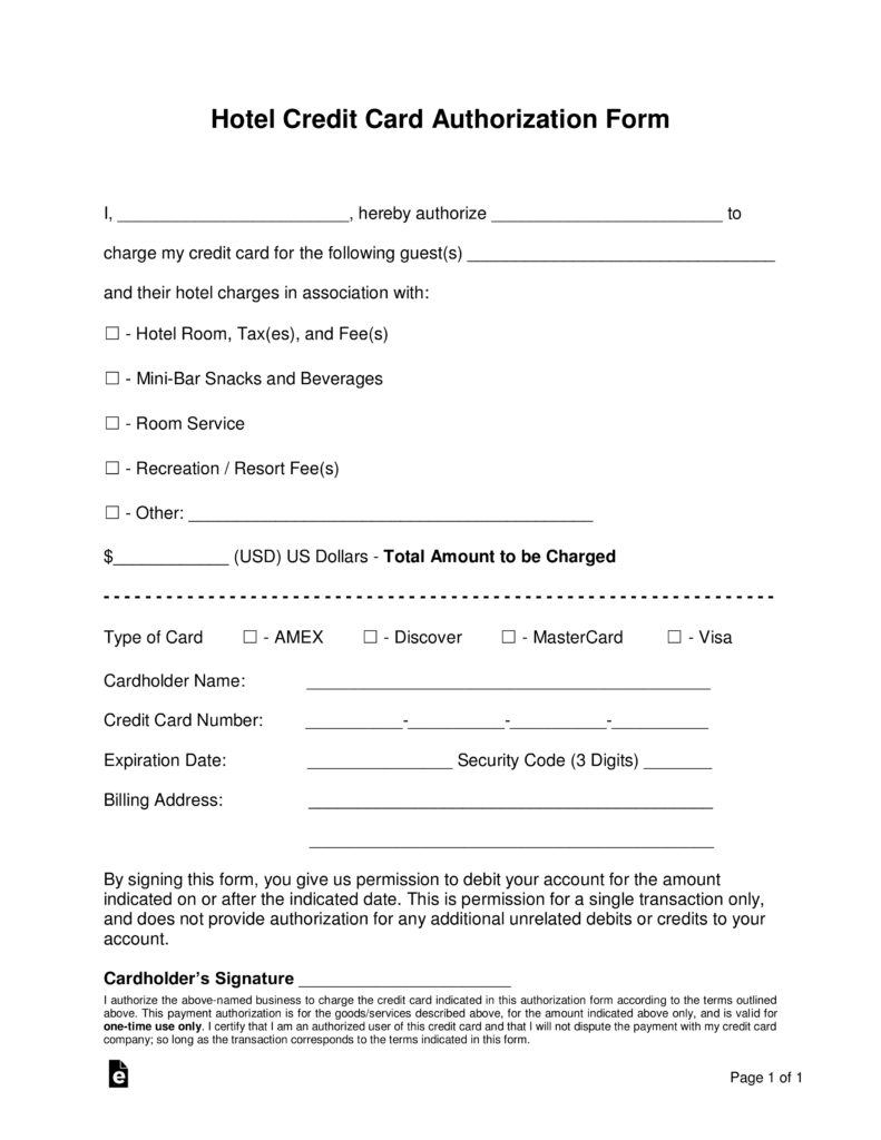 Free Hotel Credit Card Authorization Forms PDF Word EForms