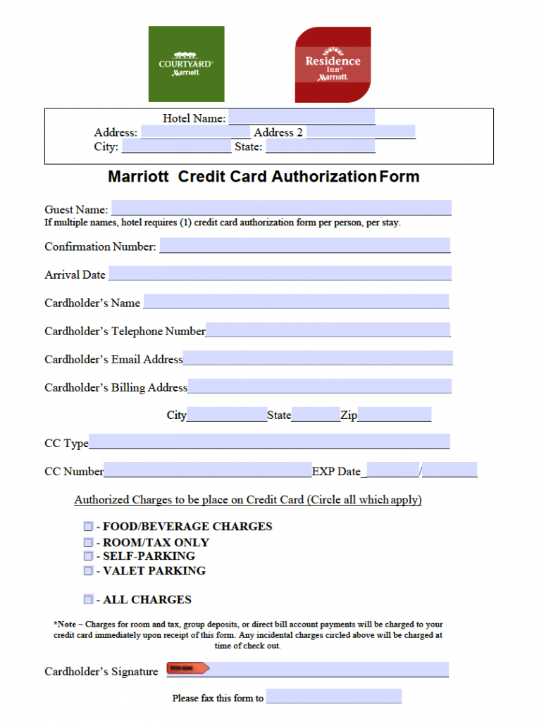 Free Marriott Credit Card Authorization Form PDF