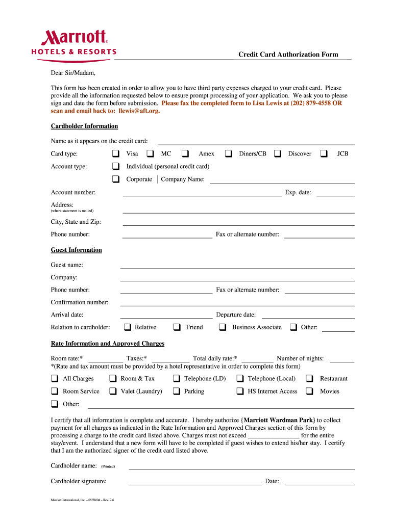 Marriott Credit Card Authorization Form Fill Out And Sign Printable 