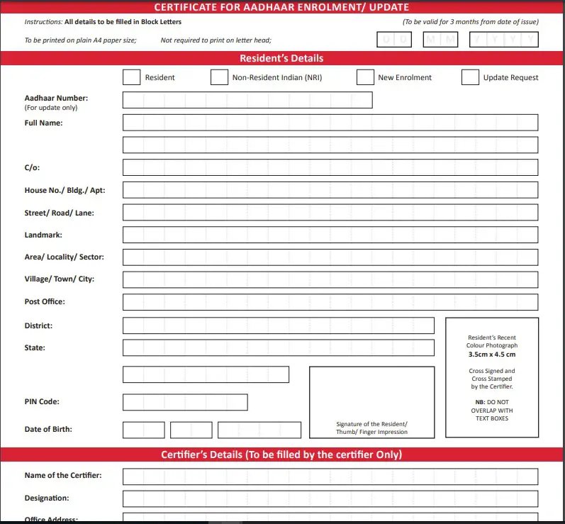  PDF Aadhar Gazetted Form Pdf Download For Enrollment And Update