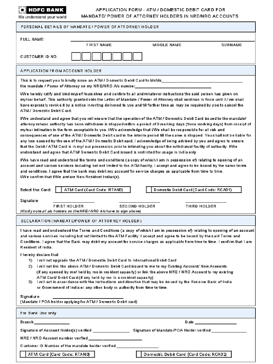 PDF HDFC ATM Card Application Form PDF Download In English InstaPDF