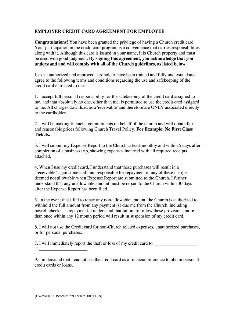 Printable Employee Credit Card Agreement Template Form Fill Out And